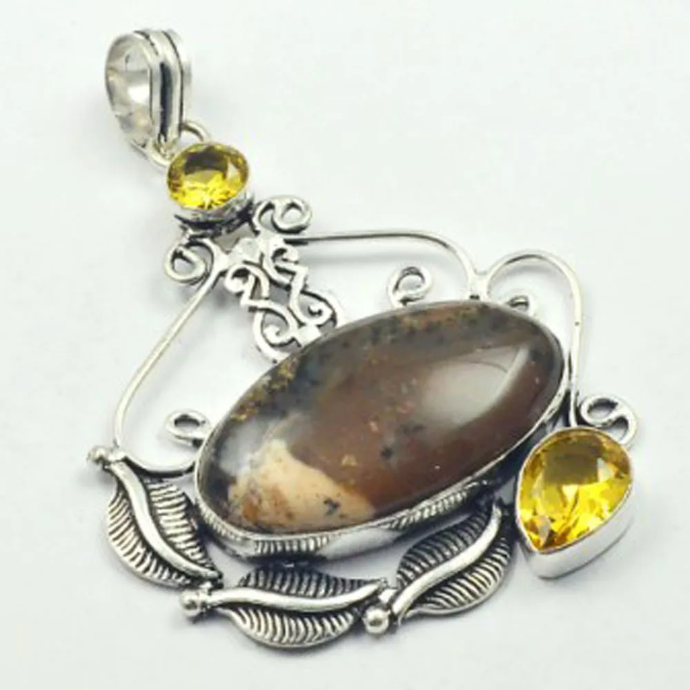 Медовый дендрит опал & кулон с цитринами серебряное покрытие над медью 77 мм