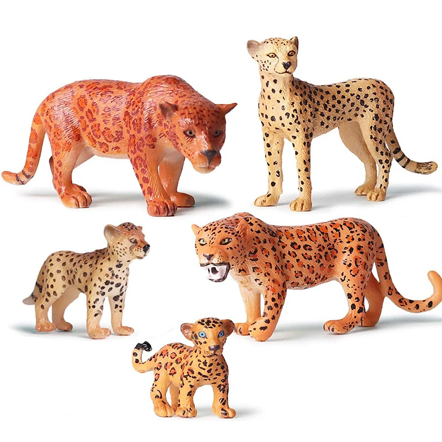 

5pcs Simulation Wildlife Animal The Jaguar African Cheetah with Cub Model Figure Early Education Toys Collection For Kid