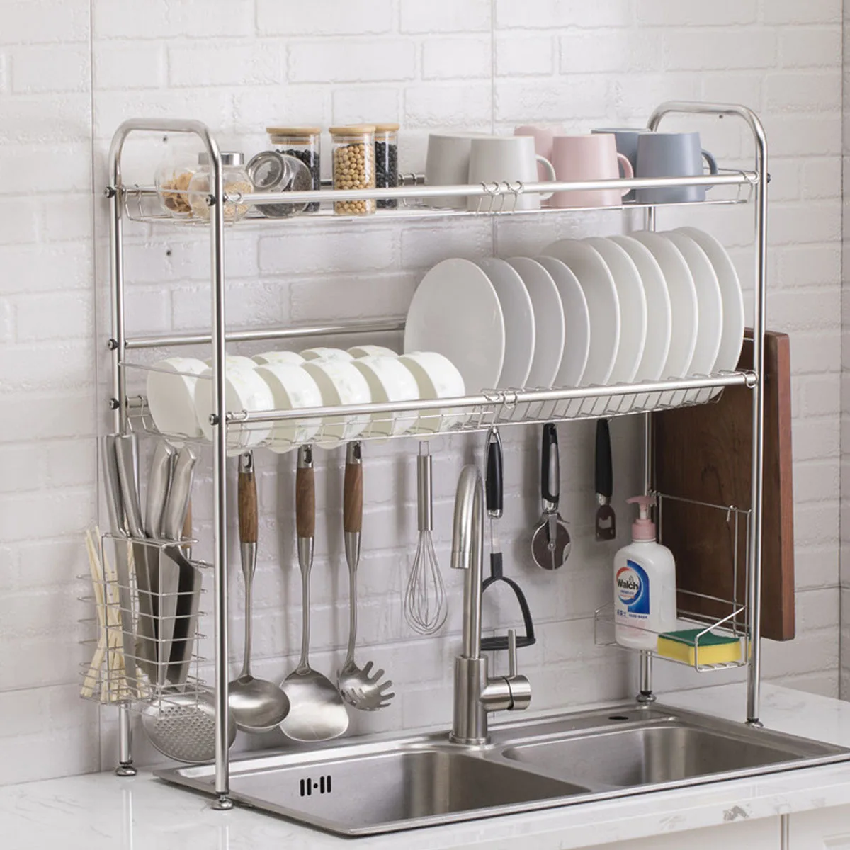 

2Tier Stainless Steel Kitchen Shelf Organizer Dishes Drying Rack Over Sink Drain Rack Kitchen Storage Countertop Utensils Holder