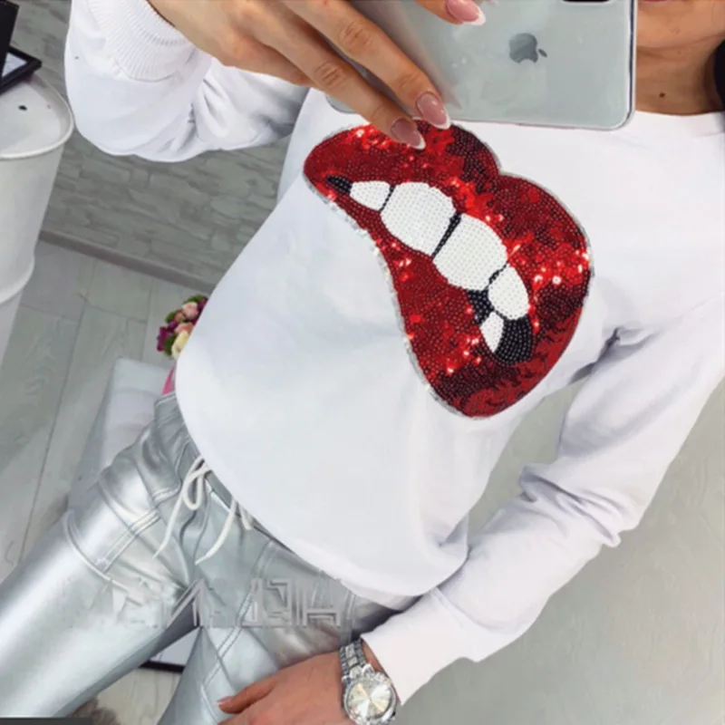 Женский свитшот с блестками милый длинным рукавом красными губами белым черным