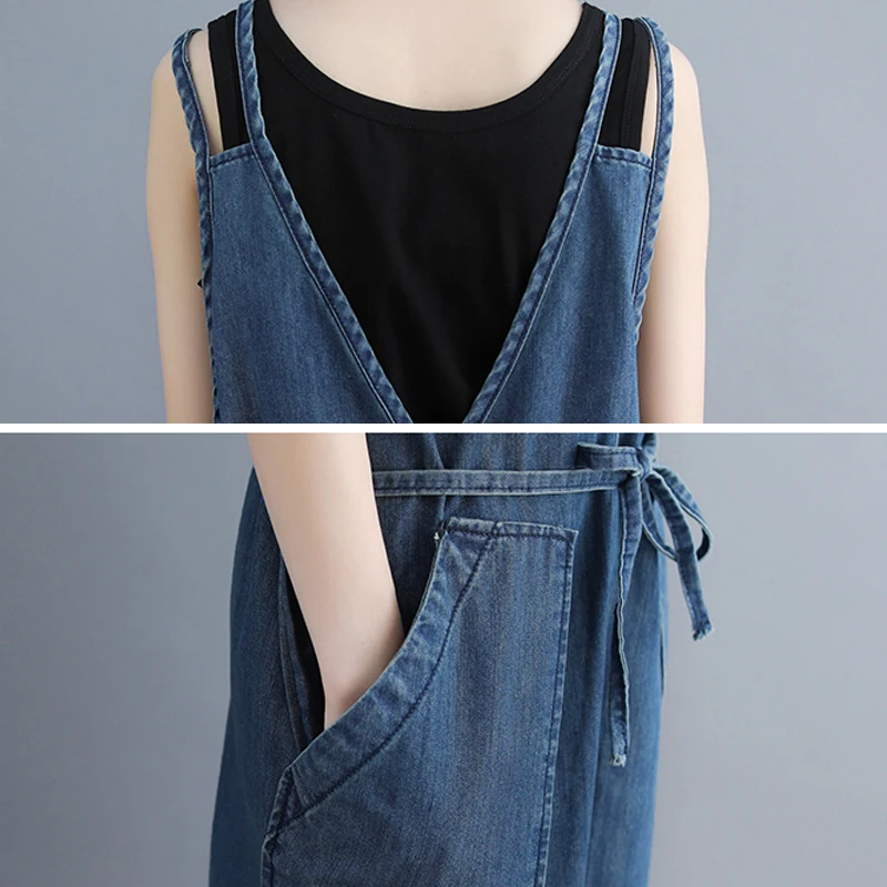 

New 2021 Womens Denim Jumpsuits Blue Retro Rompers Casual V-neck Sleeveless Pockets Vintage Wide Leg Ankle Length Overall