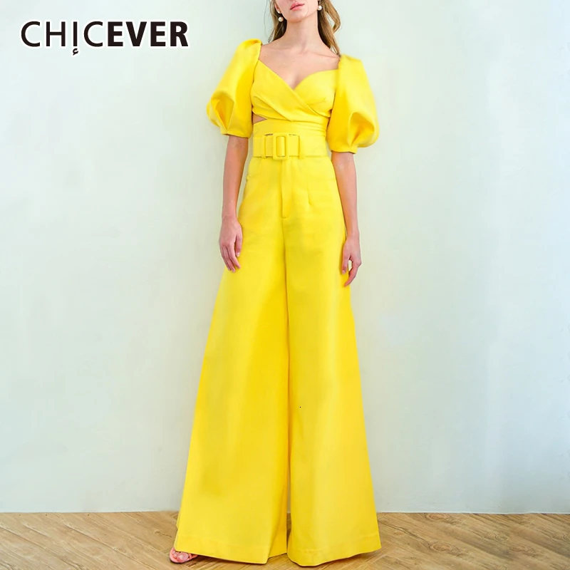 Женские комбинезоны CHICEVER с квадратным воротником рукавами фонариками и высокой