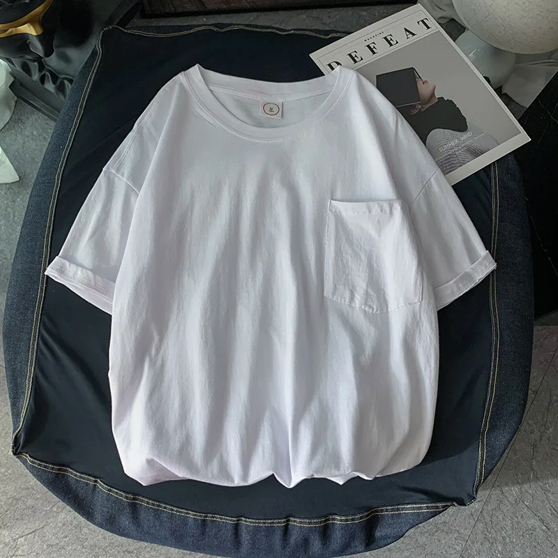 

Short Sleeve Men's Summer Menswear Pure Color Cotton Pocket Half Sleeve Mensround Neck T-shirt Loose Large Size Artistic T-shirt