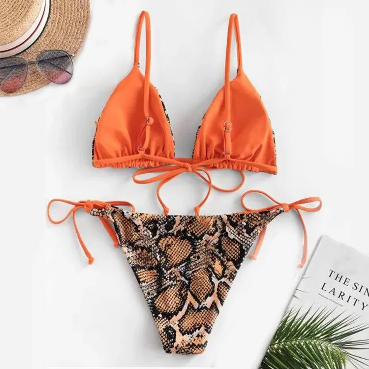 

Сексуальное бикини со змеиным принтом 2021, женские бандажные бикини на шнуровке, купальник пуш-ап, стринги, женские купальники, купальный кос...