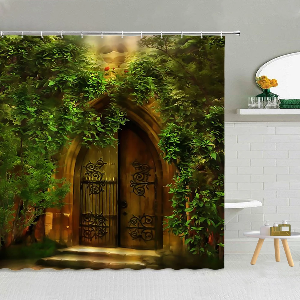 

Shower Curtain Set Forest Green Leaf Tree Vine Stone Brick Gate Deer Polyester Fabric High Quality With Hooks Bath Screen Decor