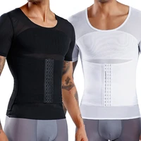 men shapewear hook eye closure adjustable tummy control vest waist trainer slimm abdomen short sleeve breathable mesh body shape