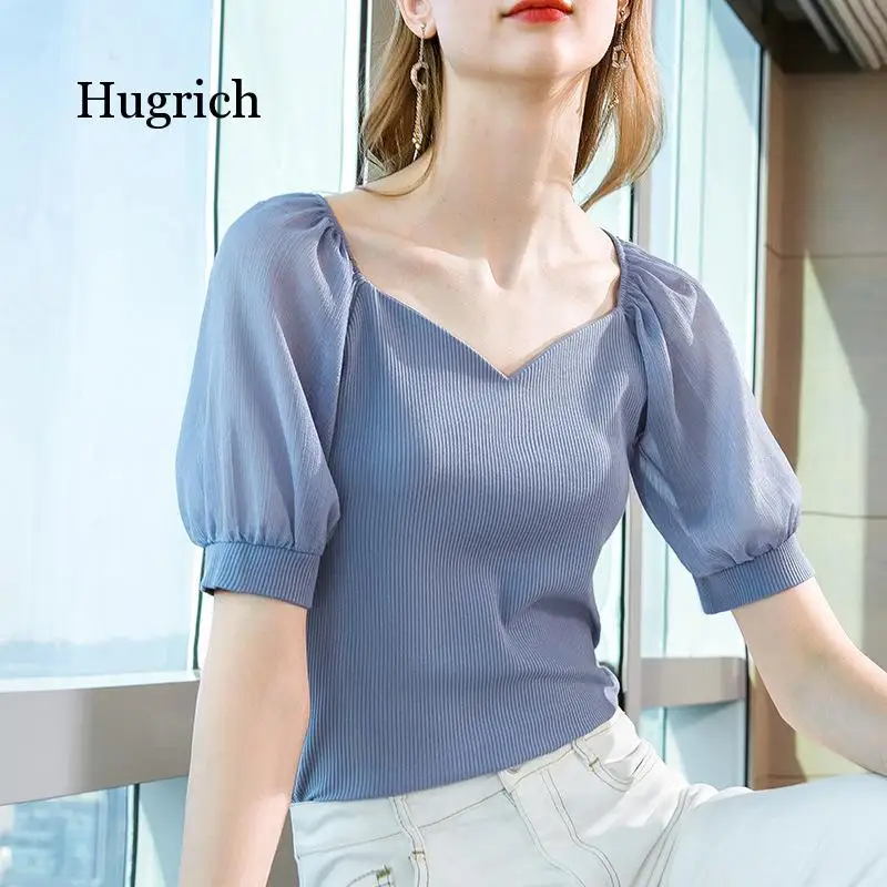 

Mid Sleeve T-Shirt Women's 2021 Summer New Causal Office Work Wear Splicing Cotton Elegant V-Neck Top