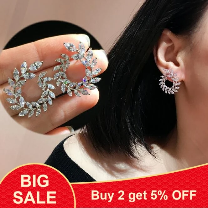 Роскошные женские серьги гвоздики с хрустальными листьями простые из