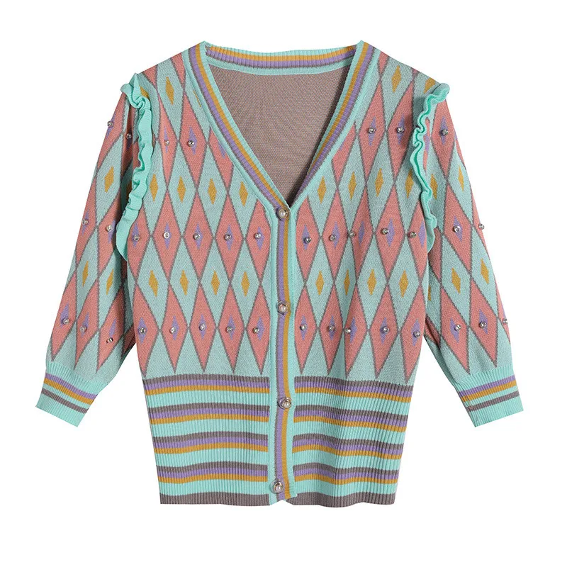 

Ice Silk Sweater Jacket Women 2021 New Spring Autumn Fashion V-neck Thin Pearl Buttons Stripe Knit Cardigan Coat Female LR1379