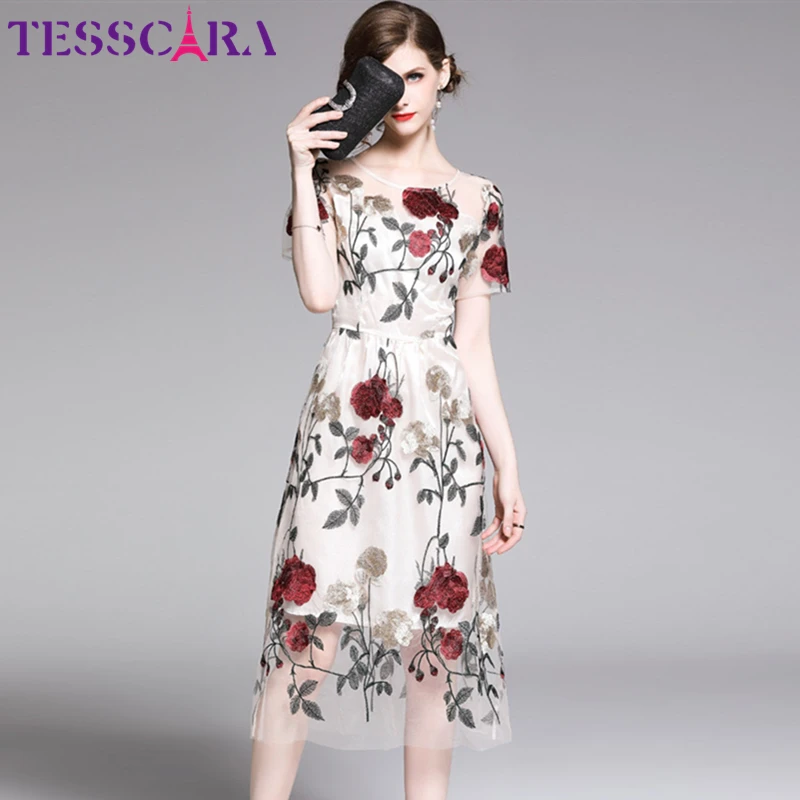 TESSCARA женское летнее стильное платье Цветочная вышивка с сеткой элегантное