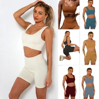 2 piece summer clothes for women high waist biker shorts sets padded seamless ribbed crop top gym clothing outfits lingerie set