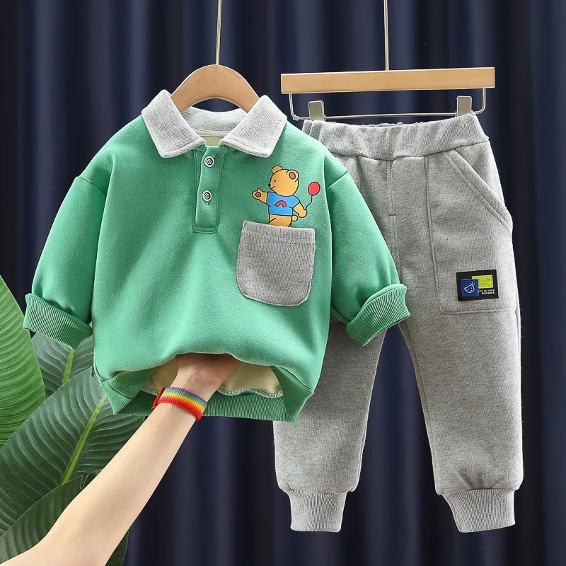 

Baby Boys Girls Clothing Sets Winter Toddler Infant Cartoon Bear Plush Lapel Sweater Pants Kids Children Casual Clothes Outfit