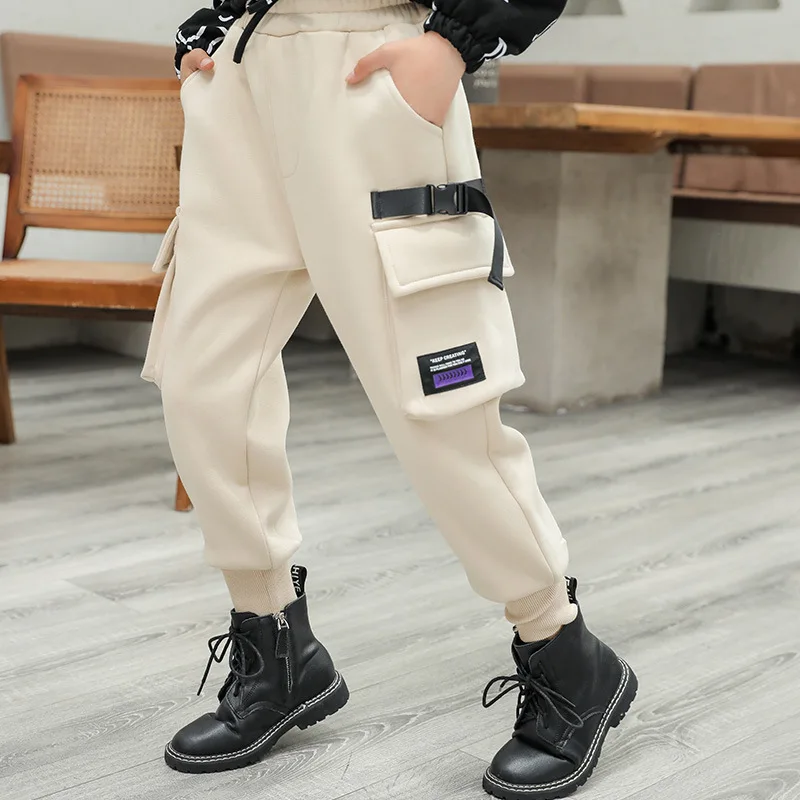 Подростковые штаны для девочек брюки карго новинка зимы 2020 Детские флисовые