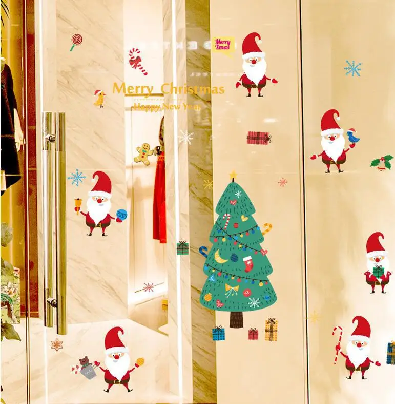 

Cartoon santa claus christmas tree children's room window glass decorative wall sticker
