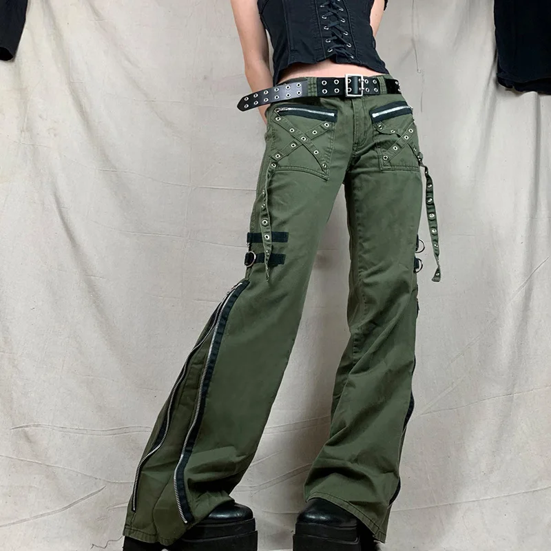 

Army Green Cargo Pants Women Emo Alt Denim Gothic Punk Style Jeans Techwear Hip Hop Baggy Jogger Streetwear Trousers Korean