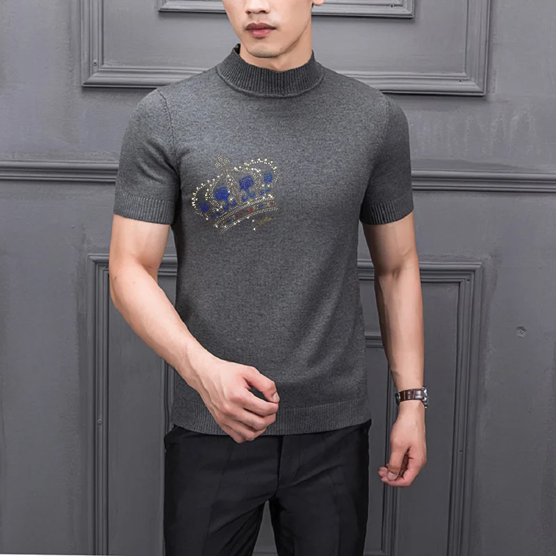 

Asian 2021 Young Men's Casual Short-Sleeved Luxury Crown Pattern Pullover Brand Slim Bottoming Knitted T-Shirt Sweater