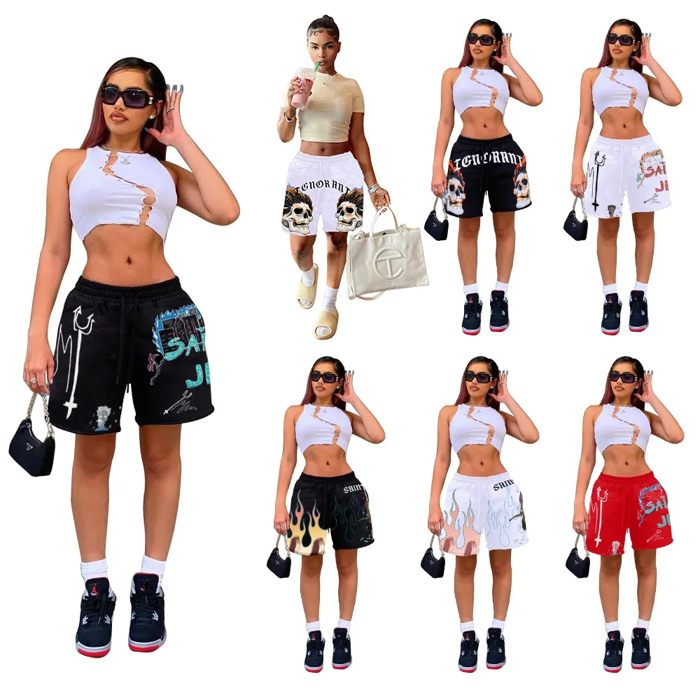 

Punk Styles Letter Skull Print Biker Shorts Summer Fashion Mid Waist Loose Sweatshorts Active Workout Hip Hop Sporty Short Pant