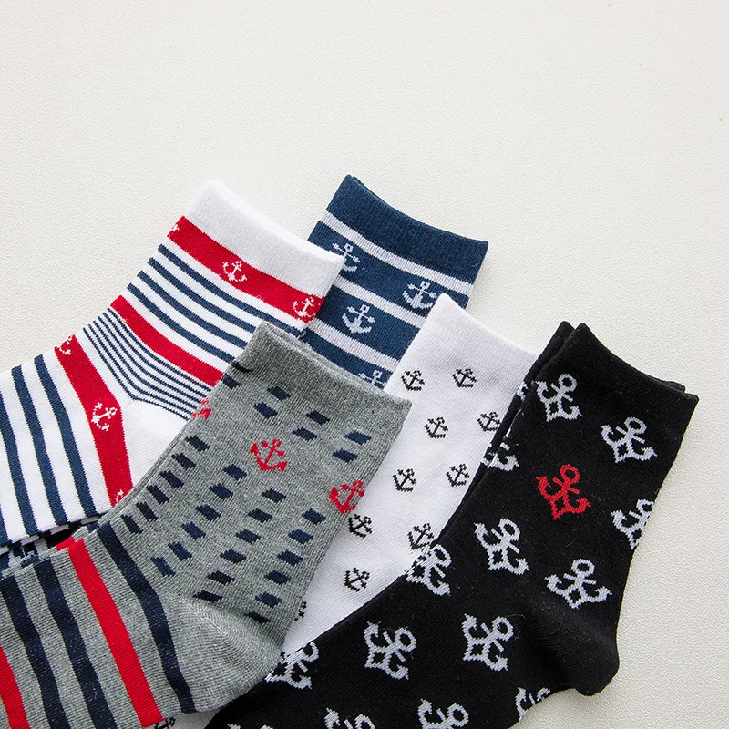 5 пар Модные полосатые носки с якорем мужские хлопковые длинные осенне зимние
