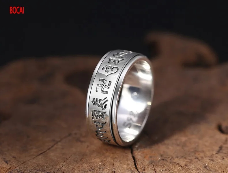 

Real 925 sterling silver fashion jewelry men's personality six-character mantra turning ring vintage Thai silver ring