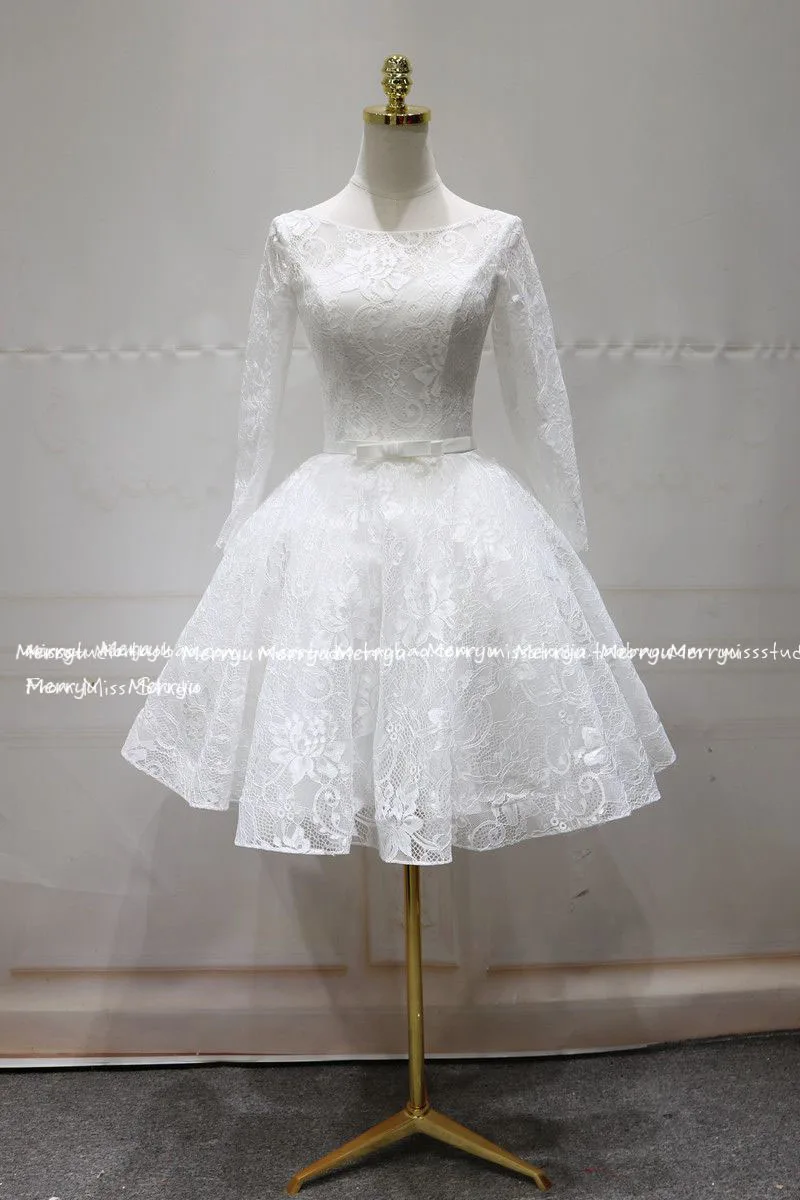 

2020 Vestido de Noiva Vintage Short Lace Wedding Dresses Half Sleeves Tulle Lace Tea Length Bridal Wedding Gowns