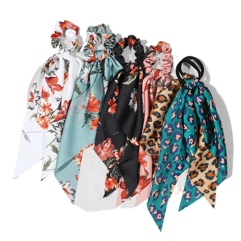 

1PCs 2021 Women Floral Print Scrunchies Colorful Ribbon Ponytail Satin Elastic Hair Band Hair Accessories Woman Accesories