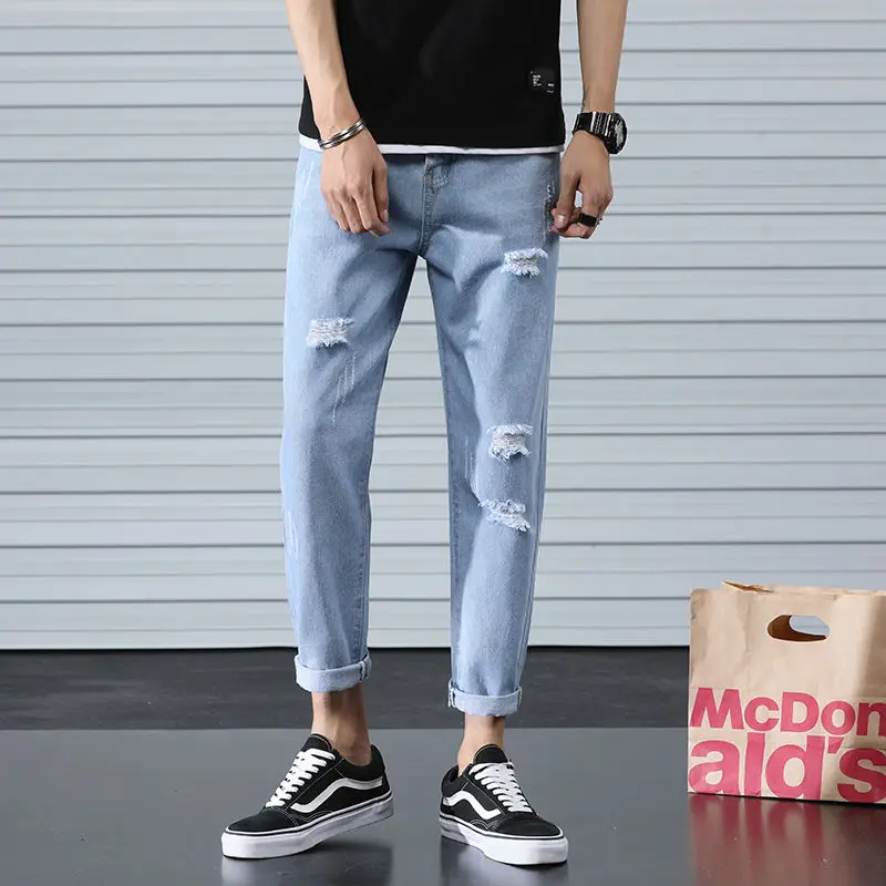 

Men's Hole Loose Straight Leg Ankle-length Jeans Fashion Korean-style Trend Denim Pants
