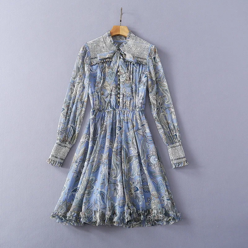 

European and American women's clothing spring 2021 new Long - sleeved lantern - sleeve bow collar print Fashion pleated dress