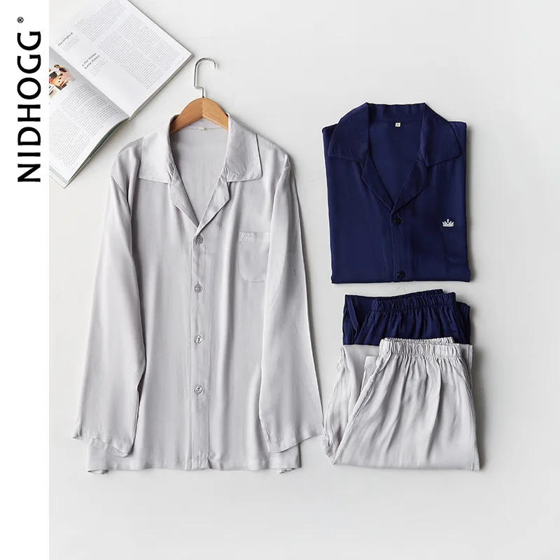 Пижама Мужская атласная с длинным рукавом однотонная повседневная одежда для