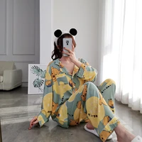 oversized womens pajamas cotton silk loose 2 piece long sleeved trousers set cartoons little bear home sleeping clothes yellow