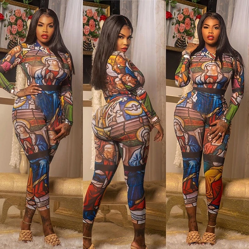 

Women's Winter Jumpsuit Bohemian Style Sexy Mesh Sheer Printed Perspective Round Collar Zipper Jumpsuit