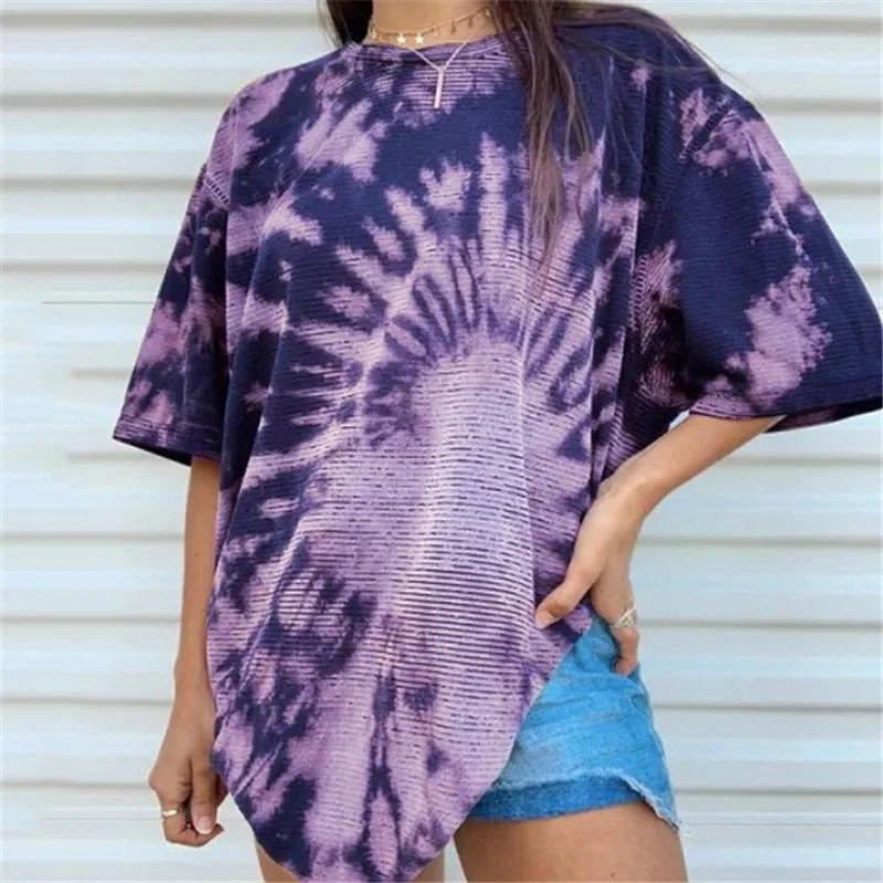 

Vintage Tie Dye O Neck Short Sleeve Women T Shirt Casual Harajuku Oversized Loose Pullover Fashion Clothes 2021 Summer Plus Size