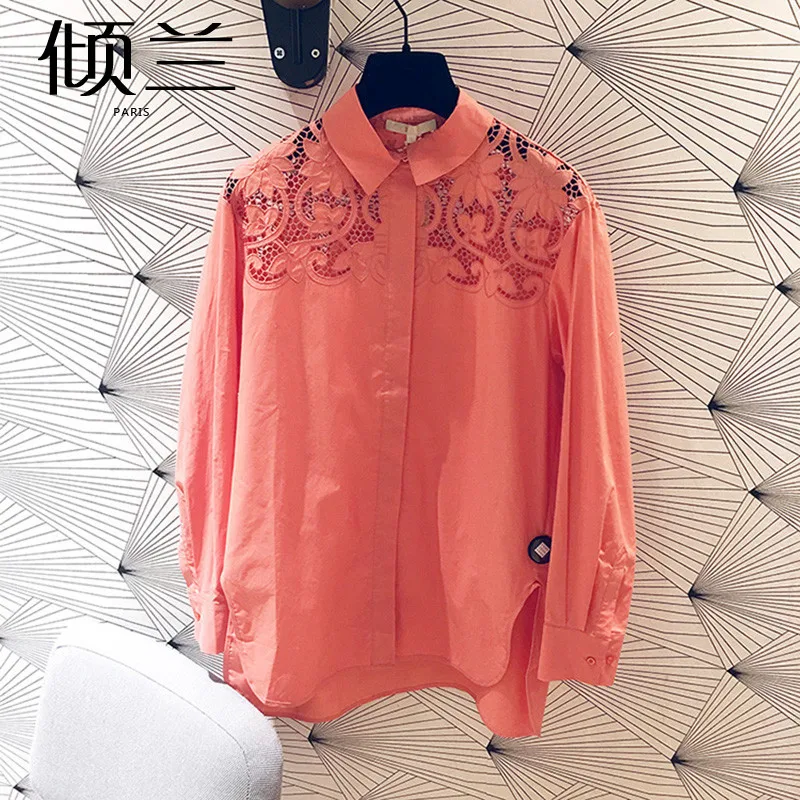 Patads French fashion solid color hollow pattern leisure long sleeve shirt spring and summer lady top e19caponi