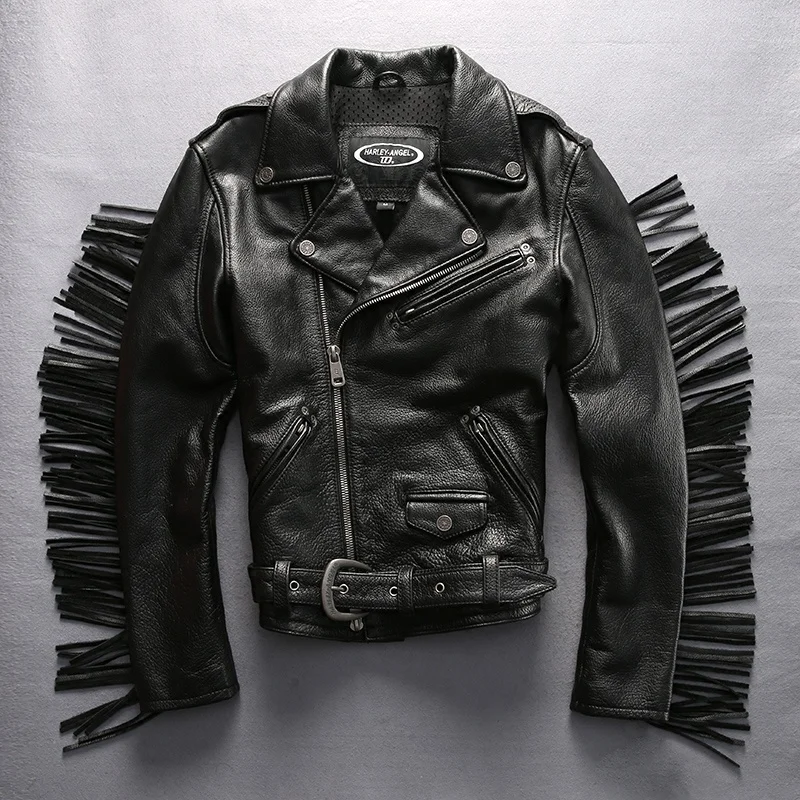 

Tassel Men's Motorcycle leather Jacket with belt Rock Stylish Genuine Leather coat Men Short Slim Fit Cowhide biker jacket male
