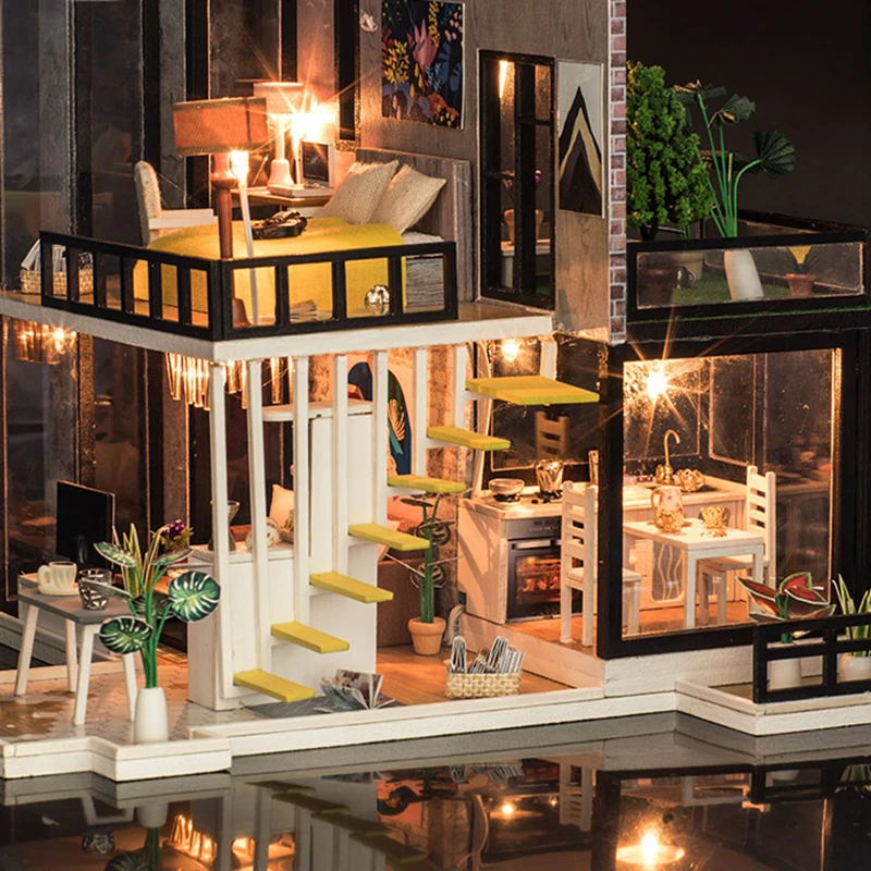 

Hot Sale DIY Doll House Wooden Miniatura Dollhouse Miniature Doll House With Furniture Kit Villa LED Lights Birthday Gift K033