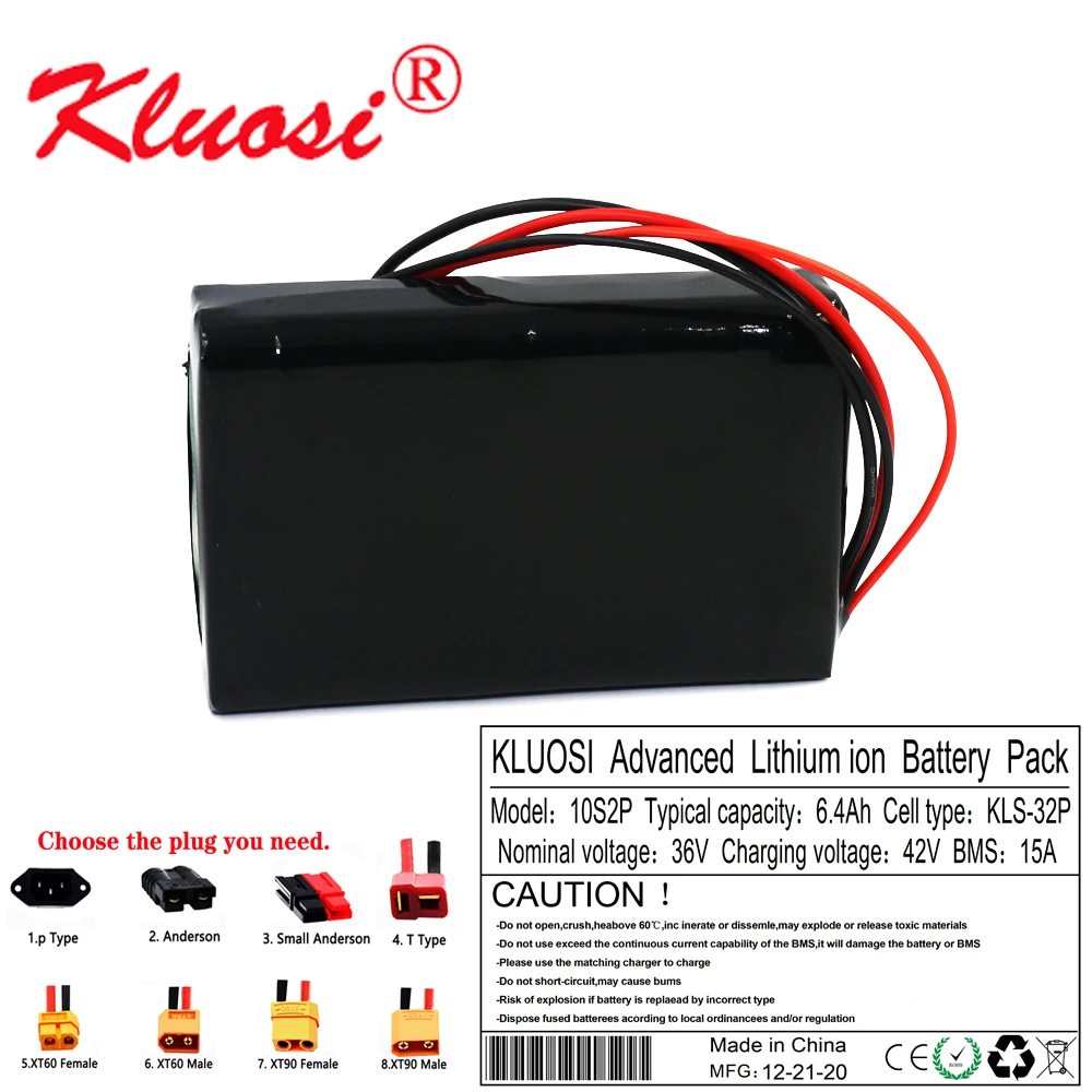 

KLUOSI 10S2P 36V 6.4Ah 450W LG Lithium Battery Pack with 15A BMS for Electric Scooter Skateboard Ebike Electric Bicycle SM-XT60
