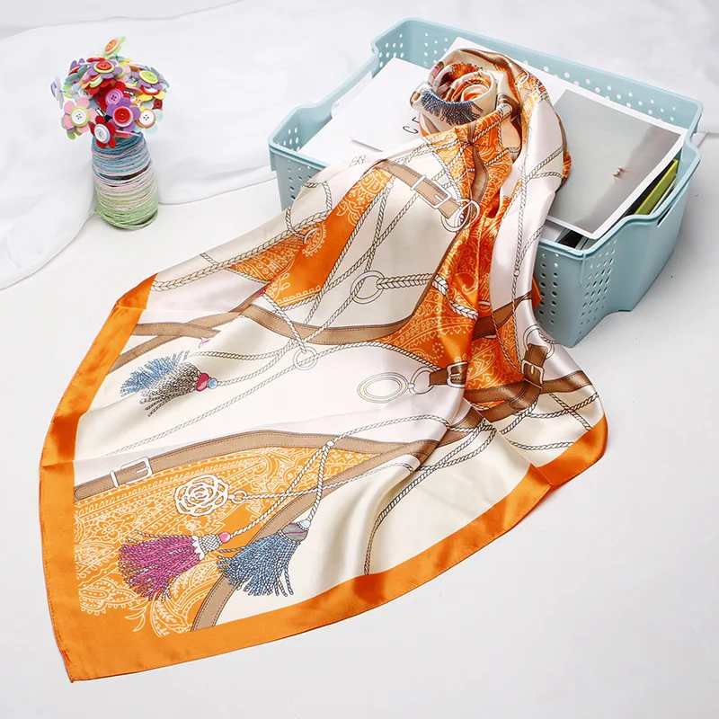 

2021 Fashion Silk Satin Women Hair Scarf Floral Print Handkerchief Shawls and Wraps Hijab Scarfs Female Neck Scarves for Lady
