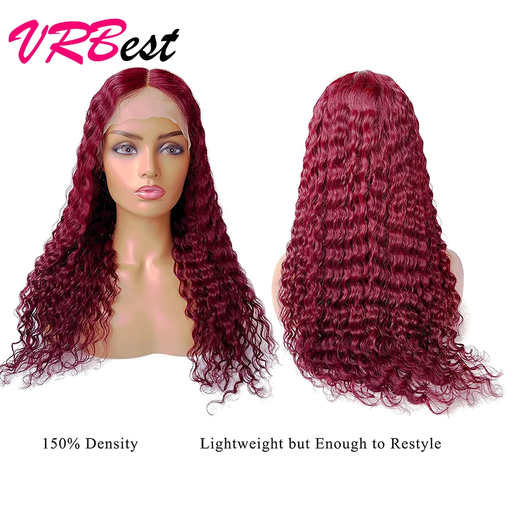 Парик 99J из натуральных волос на сетке спереди с глубокой волной бордовый 13x4 HD