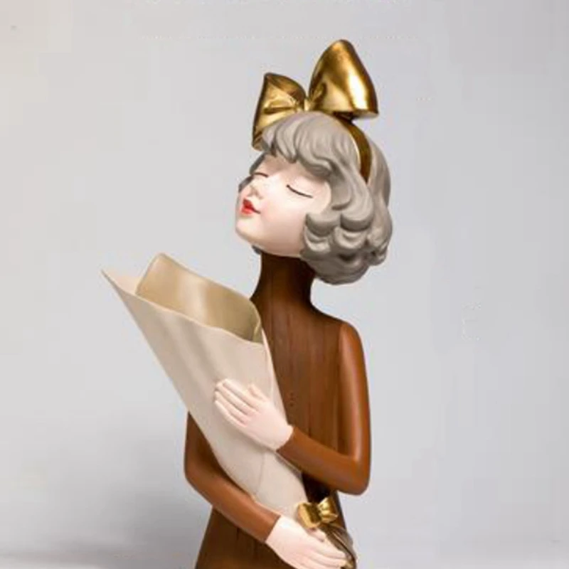 

Bowknot Girl Vase Resin Ornaments Home Livingroom Flower Pot Figurines Crafts Desktop Fake Flower Sculpture Decoration