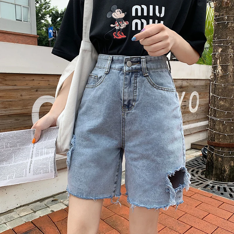 

2020 New Summer High Waist Wide Leg Women Blue Hole Denim Shorts Vintage Female Stright Solid Color Jeans Shorts