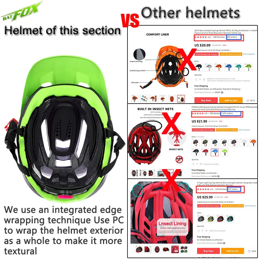 BATFOX Cycling Helmet Men Women Bicycle MTB Mountain Road Bike Sport casco bicicleta hombre | Спорт и развлечения