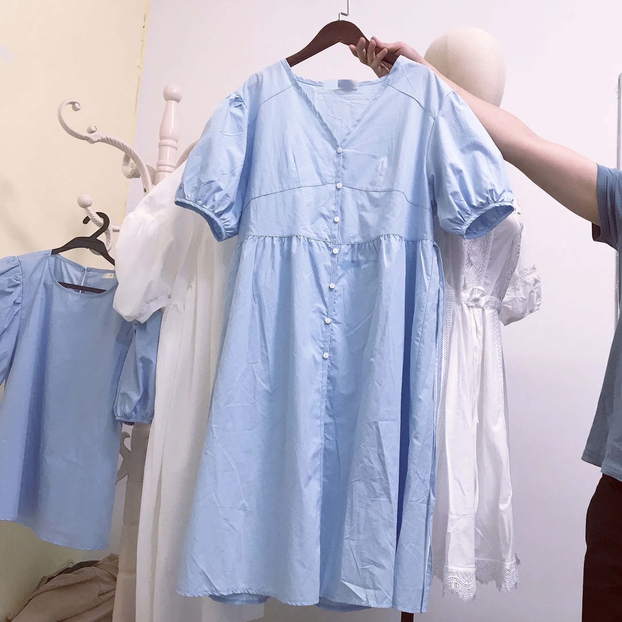South Korea's East Gate 2020 new design bubble sleeve dress in the long casual tie loose-fitting thin woman | Женская одежда