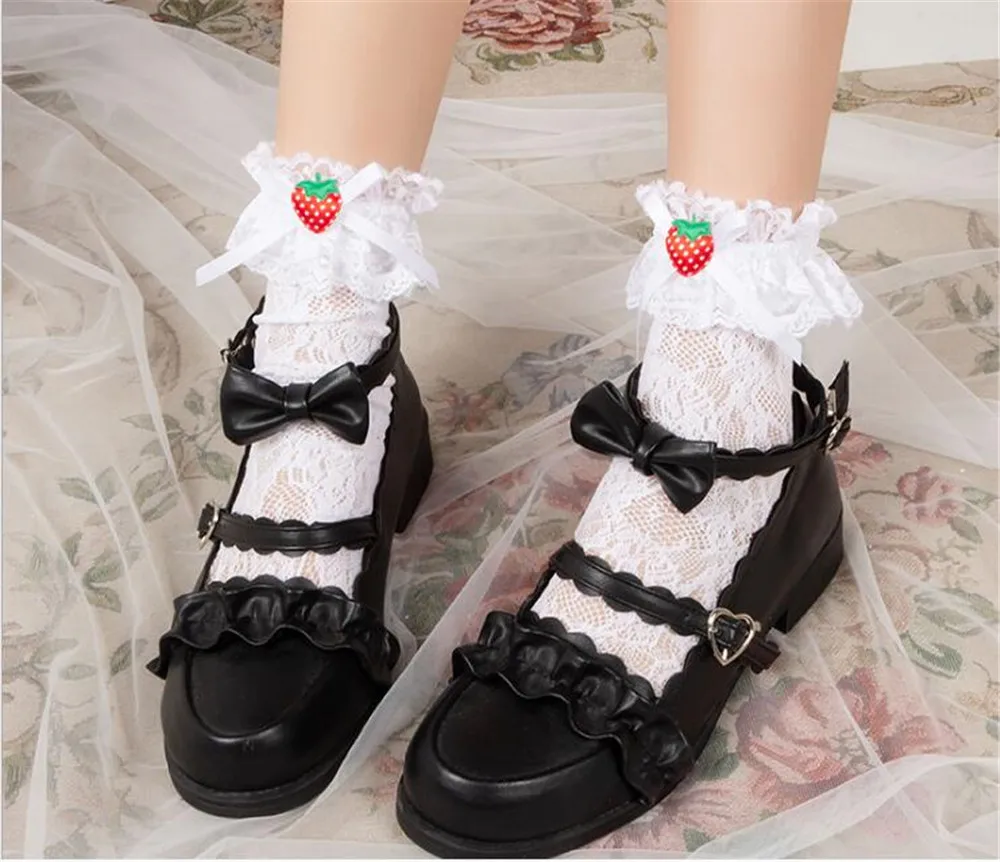 

Lolita strawberry lace stockings flower wedding jk calf socks over knee lolita socks B707