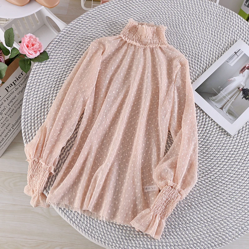 Женская кружевная блузка в горошек с расклешенными рукавами и оборками|Блузки| |