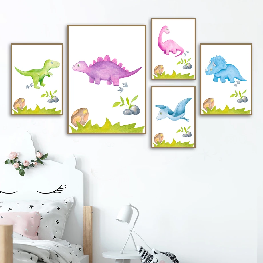 

Милый динозавр мультфильм живопись обучение Скандинавское Животное Искусство домашний Декор стены Детская комната картины качество Холст Плакаты