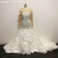 luxury crystal wedding dress illusion long sleeves ruffles skirt mermaid bridal gown factory custom made dresses real photos
