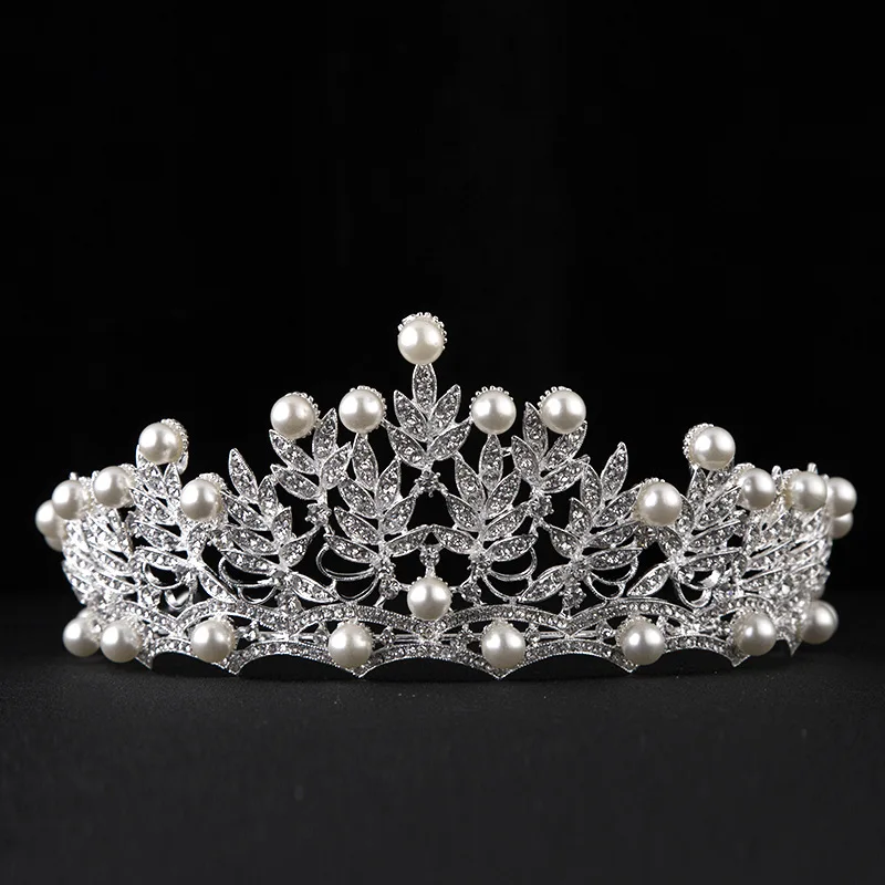 

Большой Серебристый лист с украшением в виде кристаллов Стразы волос Тиара с искусственным жемчугом Свадебные короны ювелирные украшения ...