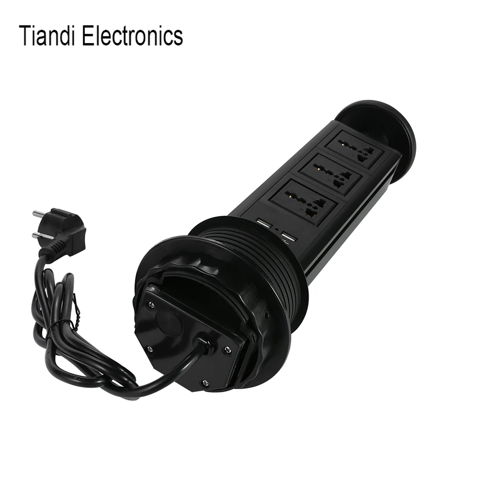 Black Hidden Tower Socket 3-digit Universal Power Pull-out Home Office Outlet Cable Wire EU Plug With USB Charge Can Custom Jack