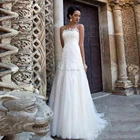 Трапециевидные тюлевые Свадебные платья 2021, сексуальное прозрачное платье без рукавов, женское платье невесты длиной до пола с кружевной аппликацией