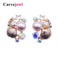 carvejewl stud earrings crystal ab rhinestone simulated pearl shell shape stud earrings for women jewelry new korean earrings