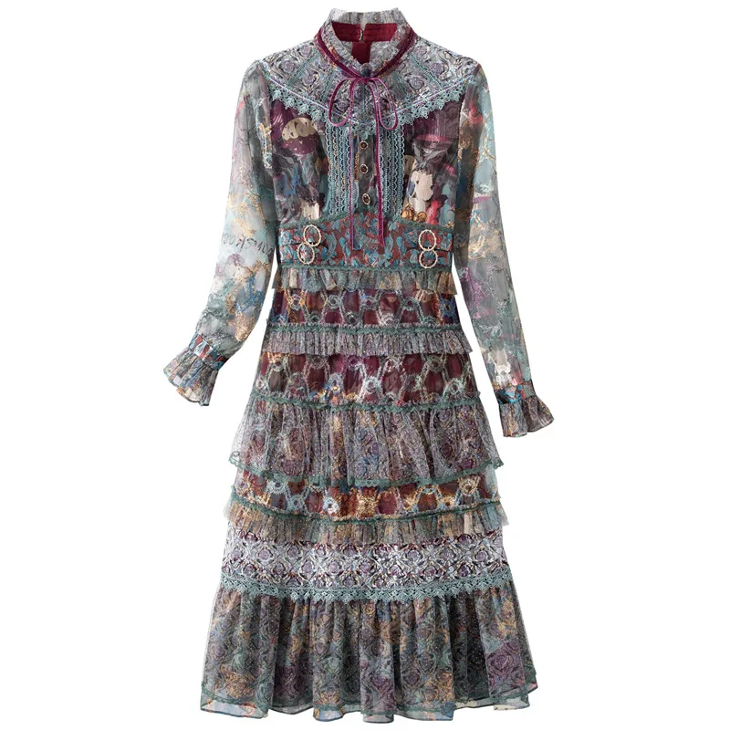 

L5914 2021 Spring New Round Neck Tied Printed Lace Cake Dress Women's Long Sleeve Lace OL Dress